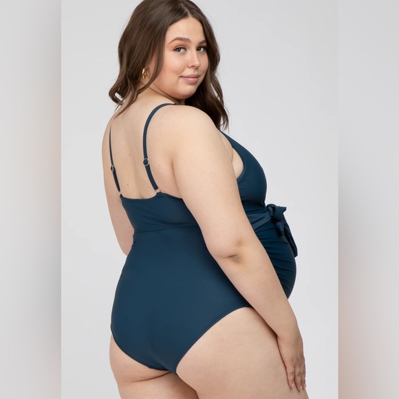 Navy Blue Waist Tie Maternity Plus One-Piece Swimsuit 1x Pinkblush - Picture 4 of 7